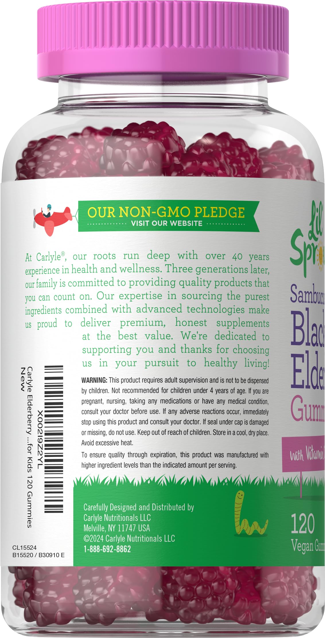 Carlyle Elderberry Gummies for Kids | 120 Count | Zinc and Vitamin C | Berry Flavor | Vegan, Non-GMO, and Gluten Free | by Lil' Sprouts